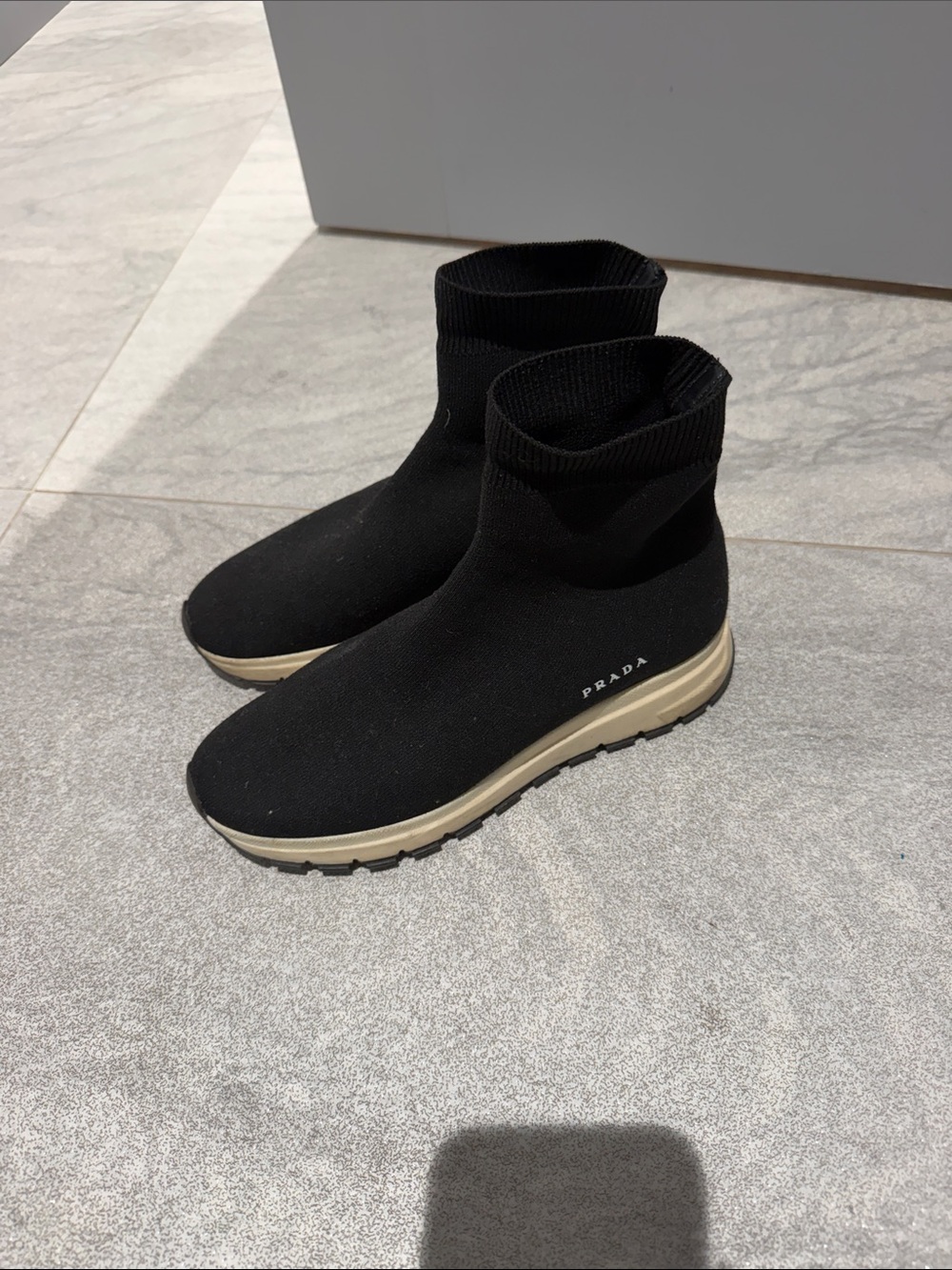 Prada Black Knit Sock Sneakers with Beige Sole